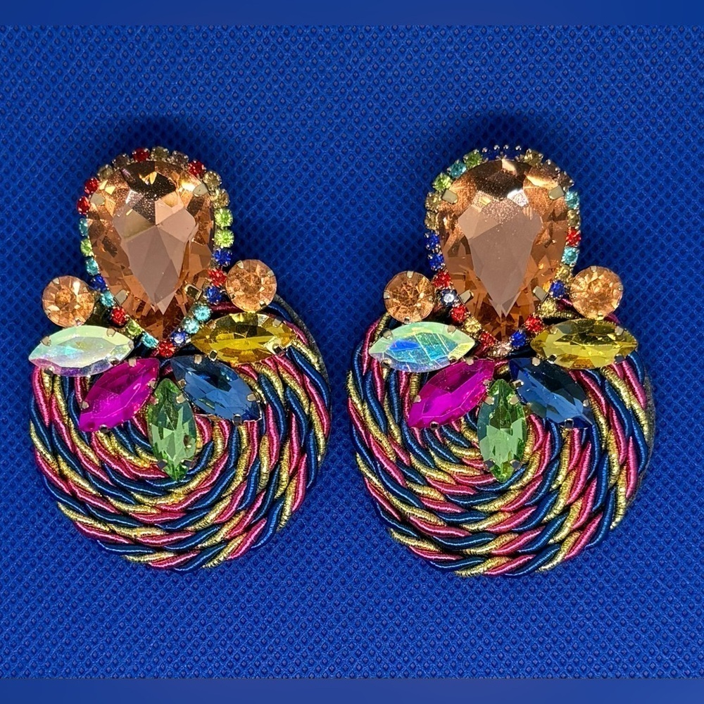 Bold MultiColor Rhinestones & Rope Dangle Earrings - Post Back - Picture 6 of 7